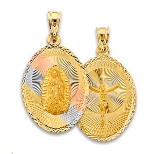 14K 3C Gold  40mm x 23mm Double Face Religious Pendant