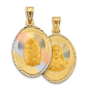 14K 3C Gold 40mm x 23mm Double Face Religious Pendant