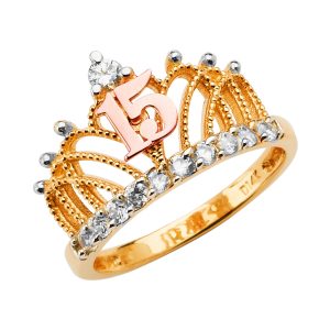 14K 3C Gold (Size 7.0) CZ 15 Years Ring