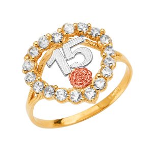 14K 3C Gold (Size 7.0) CZ 15 Years Ring