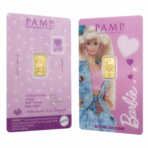24KY Yellow Gold 1 Gram Bar (Pamp Brand) Barbie
