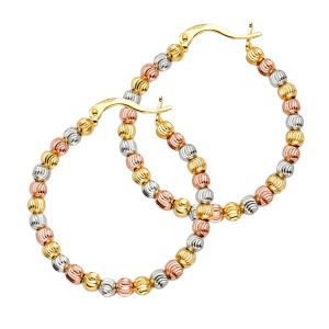 14K 3C Gold Moon Cut Bead (Pair) Hoop  Earrings