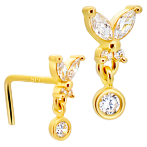 14KY Yellow Gold Solid Butterfly Design CZ L-Shape Nose Jewelry