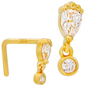 14KY Yellow Gold Solid Tear Drop Design Dangling CZ L-Shape Nose Jewelry