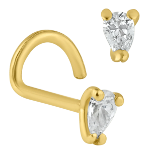 14KY Yellow Gold Solid Tear Drop Design CZ Screw Nose Jewelry