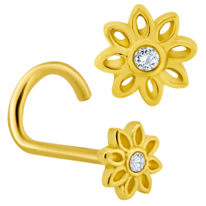 14KY Yellow Gold Solid Flower Design CZ Cork Screw Nose Jewelry
