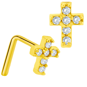 14KY Yellow Gold Solid Cross Design CZ L-Shape Nose Jewelry